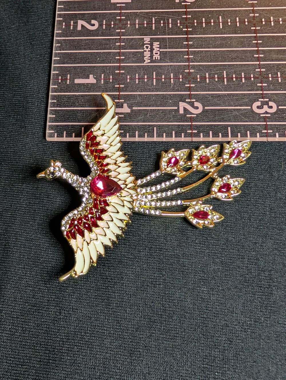 Gold and Red Phoenix Bird Brooch - Sparkling Enamel & Crystal Accent